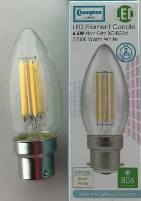 = 60 WATT CROMPTON LED Candle Filament Clear NON Dim 6.5W  2700K  BC B22 12769 - Image 1 of 2