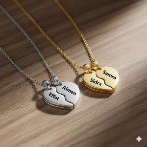 Collar de mujer colgante con etiqueta de corazón grabado personalizado de 2 piezas en ambos lados + cadena regalo - Imagen 1 de 31