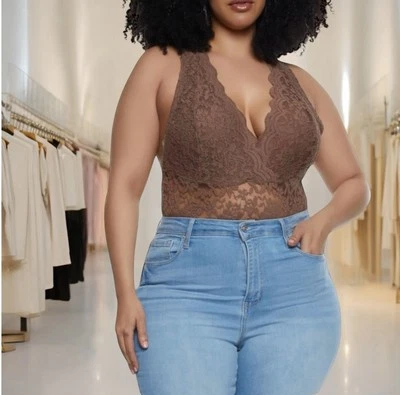 Top Body de Encaje Para Mujer Transparente Cuello Corazón Sin Mangas Espalda Corredora Marrón 2XL Foto 1 de 4