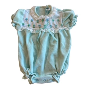 VTG Carter’s Baby Girl Romper 9M Aqua Blue Bow Smocked USA  Terrycloth Jumpsuit - Picture 1 of 6