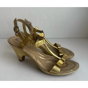 Born Crown Golden Genuine Leather Low Heel Strappy Sandals Size 9 - Picture 1 of 9