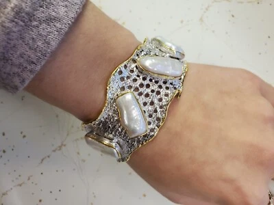 Large Statement Sterling Silver & Gold Trim Overlay Open Bangle Bracelet With... - Image 1 of 4