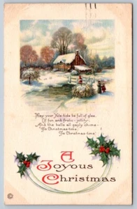 A Joyous Christmas, Holly, Snowy Scene, Antique 1921 Stecher Litho Postcard - Foto 1 di 2