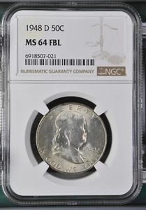 Medio dólar Franklin 1948-D plata 50c - NGC MS-64 FBL - Imagen 1 de 6