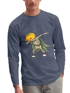 Mens Garment Dyed Dabbing Jack-O-Lantern Halloween Graphic Long Sleeve T Shirt - Picture 1 of 25