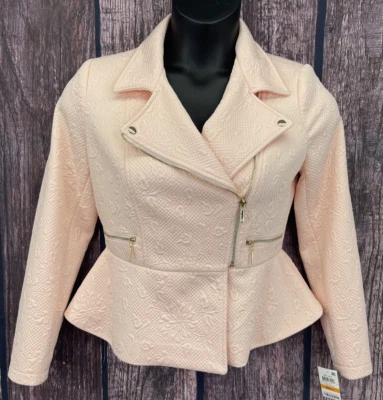 Jaqueta feminina Thalia Sodi rosa pérola blush acolchoada estilo moto forrada tamanho P nova com etiquetas - Imagem 1 de 4