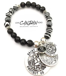 Evil Eye St Christopher Protect Us St Michael Gemstone Charm Bracelet Gift Idea - Picture 1 of 3