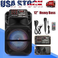 12" Portable Bluetooth Party Speaker Heavy Bass Stereo FM AUX w/Micr & Remote US
