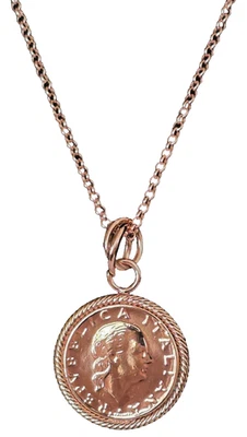 Pingente de moeda italiano 200 liras tom rosa bronze e corrente 18", extensor de 2 - Imagem 1 de 4
