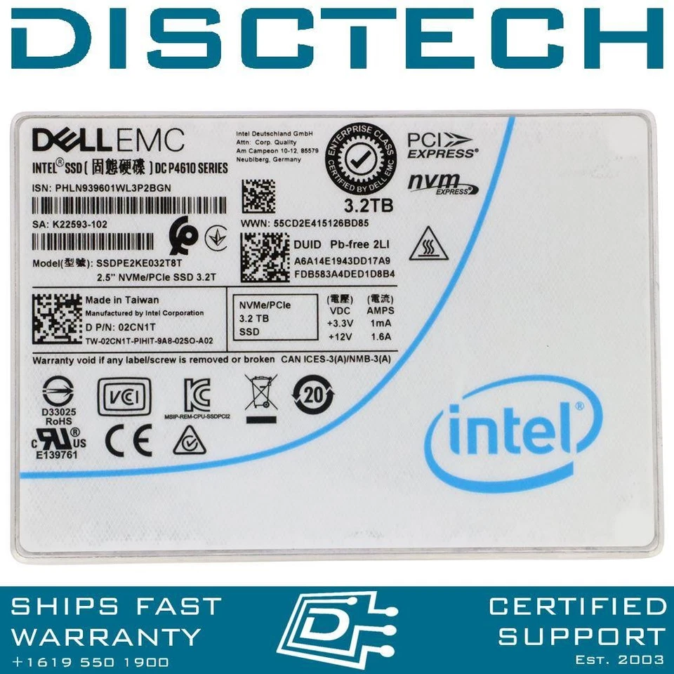 Dell 3.2TB U.2 NVMe 2CN1T Intel P4610 SSDPE2KE032T8T PCIe 2.5 MU SSD