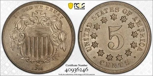 Choice AU 1868 US 5c cinco centavos escudo níquel. PCGS AU58. Etiqueta escudo. CAC. - Imagen 1 de 14