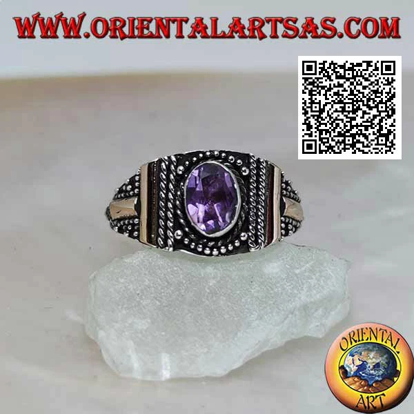Anello in Argento 925‰ ametista ovale con palline e piatrine in oro 14 carati - Immagine 1 di 1