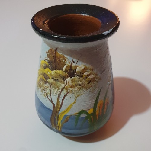 Oil Paint On Clay Vase, Boating Scene, Seascape, Signed Oil Paint Pot