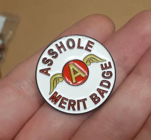 A*SHOLE MERIT BADGE spilla bavero a*s foro A ali smalto divertente pinback bianco - Foto 1 di 3