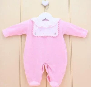 NEWBORN BABY GIRL PINK ROMPERS SPANISH VELOUR FRILL COLLAR SLEEPSUIT GIRLS 0-6M - Picture 1 of 3