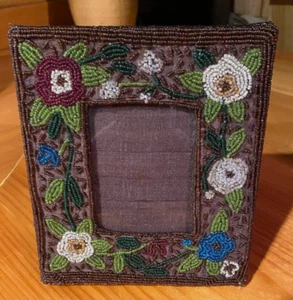 Handmade Picture Frame Beaded Floral Beige Blue Brown Green 6.5"x 7.5" - Picture 1 of 6