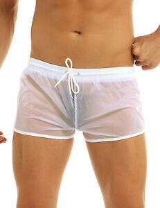 Men's See-Through Drawstring Boxer Briefs Shorts Mesh Swim Trunks Soft Underwear