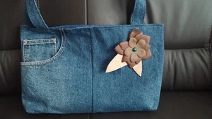 Tasche Jeanstasche Damen Stofftasche Lederblume Druckknopf selbstgenäht NEU - Bild 1 von 2