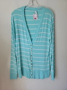 Zeanna Outfitters Cardigan Sweater Large Blue Striped Snap Front Soft Casual  - Picture 1 of 16