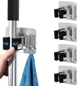 Mop Broom Holder No Drill, Mop Broom Organizer Wall Mounted Heavy Duty with Hook - Picture 1 of 12