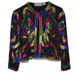 Vtg 80s 90s Scala Silk Sequin Beaded Jacket Size Large - Picture 1 of 9