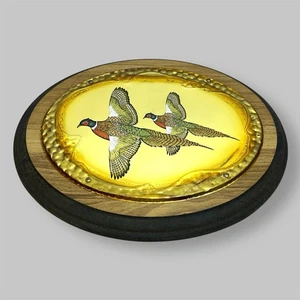 VTG Flying Pheasant Plaque Brass Wood Wall Decor MCM Man Cave Cabin Hunt HOMCO - Picture 1 of 11