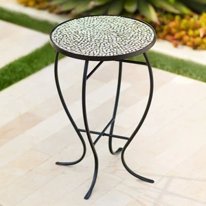 Modern Black Outdoor Accent Table 14" Wide Free-Form Mosaic for Porch Patio Home - Picture 1 of 7