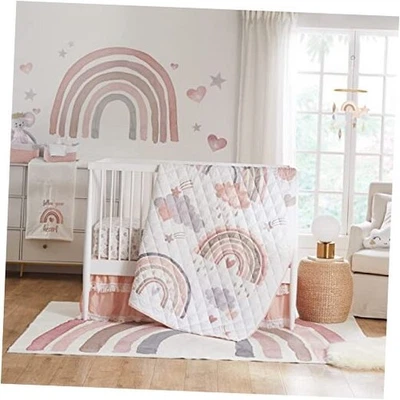  - Juego de cama de bebé Over The Rainbow de 4 piezas - rosa, gris, topo, bronceado y juego de cuna Foto 1 de 4