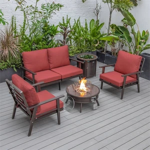LeisureMod Walbrooke Brown Aluminum Patio Sofa Set Round Fire Pit Red - Picture 1 of 19