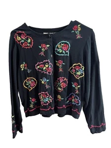 Embroidered Cotton Button Up Shirt Medium Long Sleeve Navy Blue BOHO - Picture 1 of 10