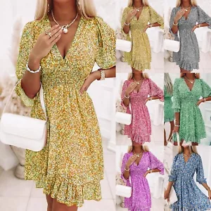 Womens Tropical Dress Holiday Ladies Summer V neck Floral Ruffle Beach Sundress - Picture 1 of 18
