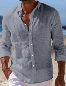 Ouku Men's Shirt Linen Shirt Summer Shirt Beach Wear Button Up Shirt, XL, Gray - Picture 1 of 2
