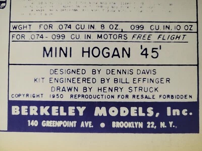 45" Model Airplane PLANS: Mini Hogan 45 Balsa 1/2A Free Flight Berkeley - Image 1 of 4