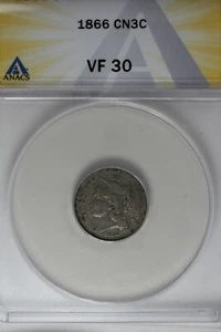 1866 .03 ANACS VF 30 Three Cent Nickel, Liberty Three Cent Piece - Picture 1 of 2