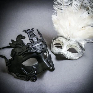 Black Pegasus Warrior & Silver MardiGras Mask w/ Top White Feather Couple Masks - Picture 1 of 1