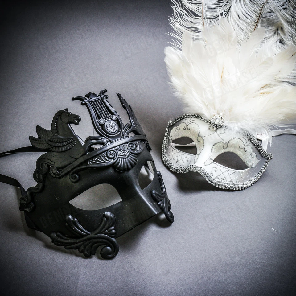 Black Pegasus Warrior & Silver MardiGras Mask w/ Top White Feather Couple Masks - Image 1 of 1