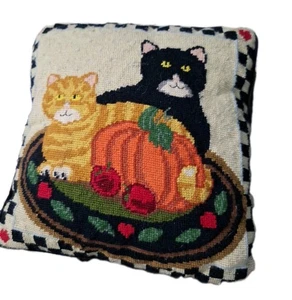 VTG Needlepoint Tapestry 2 Cats pumpkin Pillow 12 X12" Velvet Harvest Autumn - Picture 1 of 7