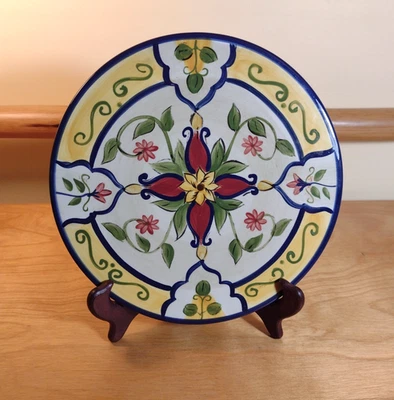 Remache de cerámica pintado a mano Pier 1 Vallarta vintage ~ azulejo de loza floral de 8" Foto 1 de 4
