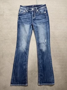 Miss Me Mid-Rise Boot Dark Wash Distressed Blue Jeans Womens Size 27×32 Wings - Picture 1 of 16