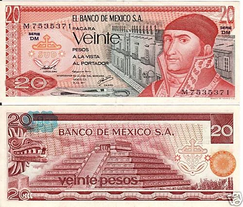 墨西哥,20 比索,墨西哥银行 S.A.,7-8-1977,系列 DM,P-64d — 第 1/1 张图片