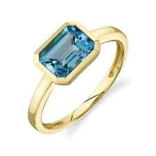 14K Yellow Gold Blue Topaz Ring Bezel Set Emerald Octagon Cut 1.88 CT Natural