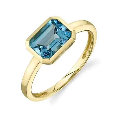 14K Gelbgold Blauer Topas Ring Blende Set Smaragd Oktagon Schliff 1.88 CT Natur - Bild 1 von 3