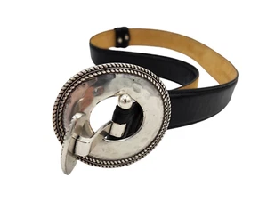 Womens Small Black Leather Belt Silver Interlocking Buckle - Picture 1 of 7