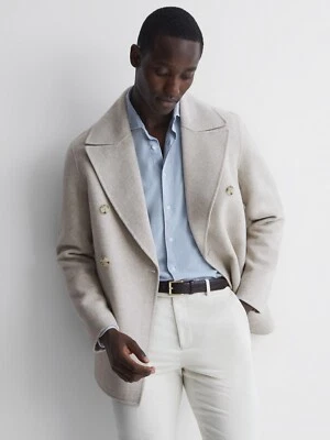 REISS MENS Bolzano Wool Blend Double Breasted Coat Jacket in Oatmeal UK Size M - Image 1 of 4