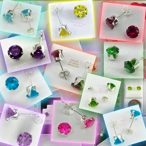 4mm Round Cubic Zirconia simulated Birthstone Post Earrings in Sterling Silver - Picture 1 of 49