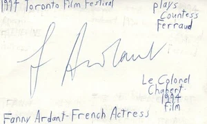Tarjeta de índice firmada autografiada de la actriz francesa Fanny Ardant Le Colonel Chabert - Imagen 1 de 1
