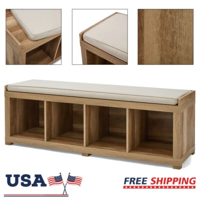 Entryway Mudroom Foyer Storage Bench Wood Cushion Window Seat 4 Cube Organizer