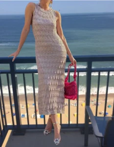 ZARA LIMITED EDITION CROCHET METALLIC THREAD KNIT CREAM DRESS sz M - Picture 1 of 12