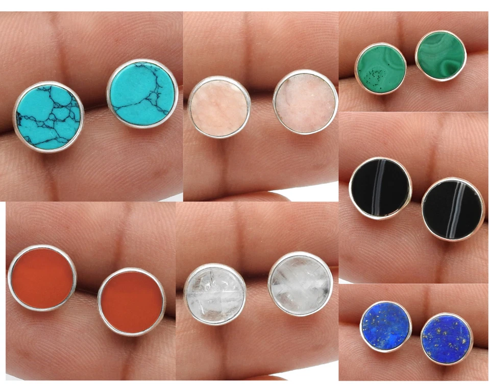Solid 925 Silver Round Shape Natural Gemstones Minimalist Handmade Stud Earrings - Image 1 of 1