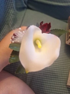 Boutonniere- calla lily,  Red fabric rose,pin, Silver & Navy Ribbons, Faux Pearl - Picture 1 of 11